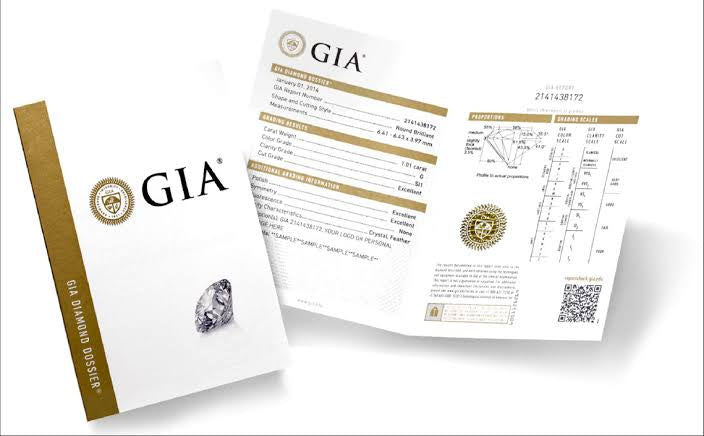 GIA diamond example appraisal report and dossier on a white background