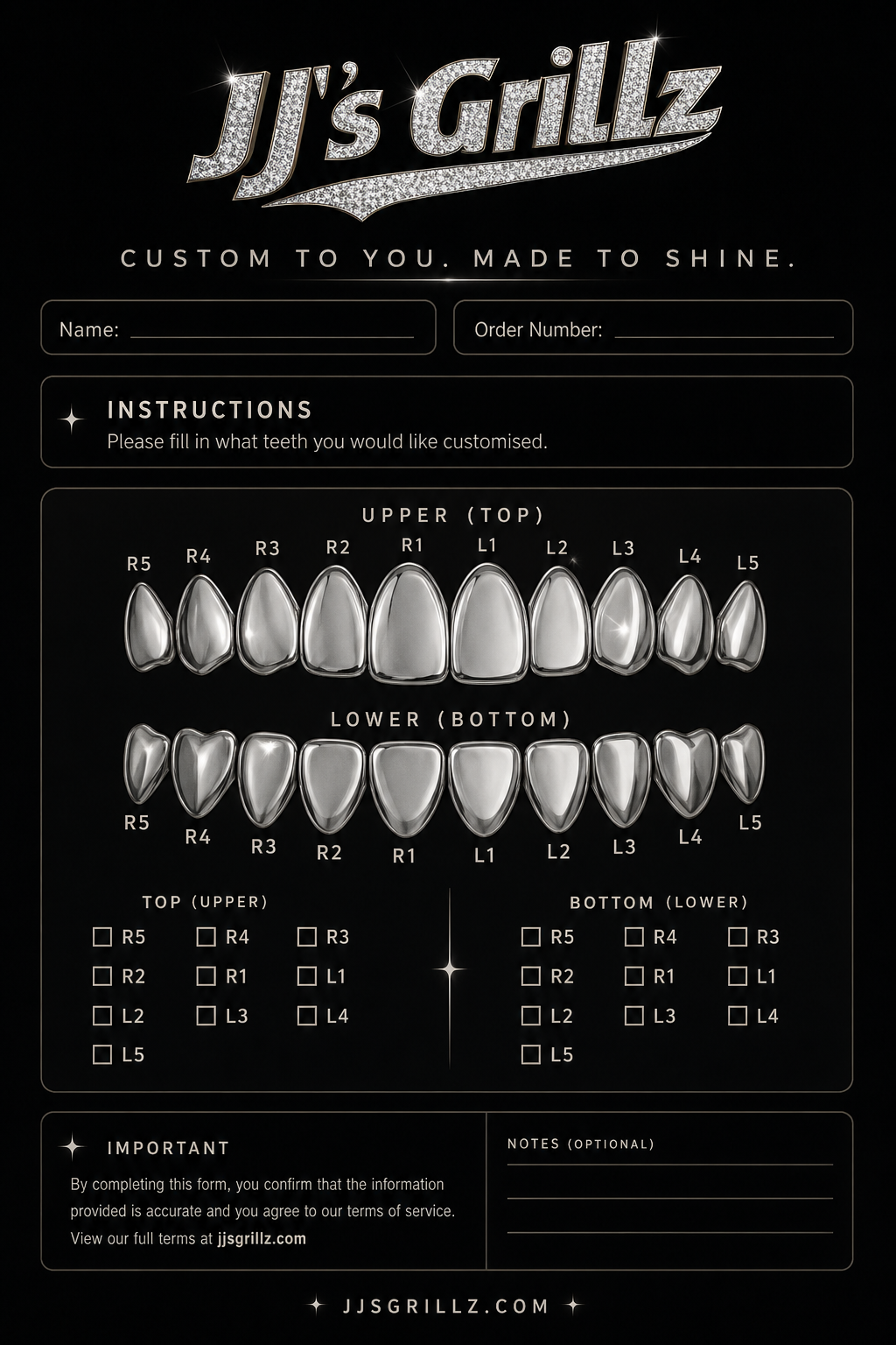 JJ's Grillz customization form with tooth design options on a black background