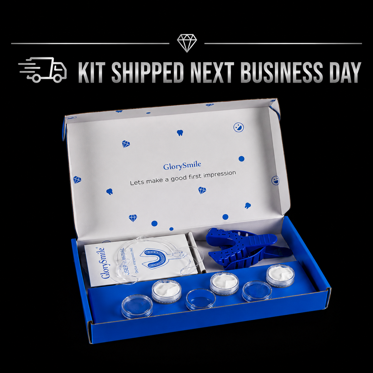 Free dental impression kit included with every JJ's Grillz order. Kit shipped next business day for custom grillz impressions.