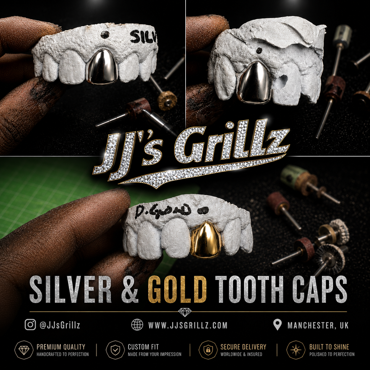 Image of 3 examples of JJ's Grillz craftsman handmaking custom gold and 925 sterling silver tooth caps allowing the customer to see real live examples of them being made.