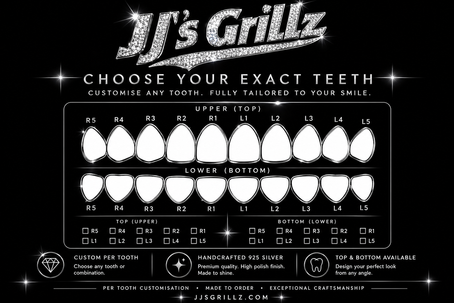 Custom 925. Sterling Silver Tooth (Per Tooth, Choose Your Teeth)
Handcrafted Fit – JJ’s Grillz